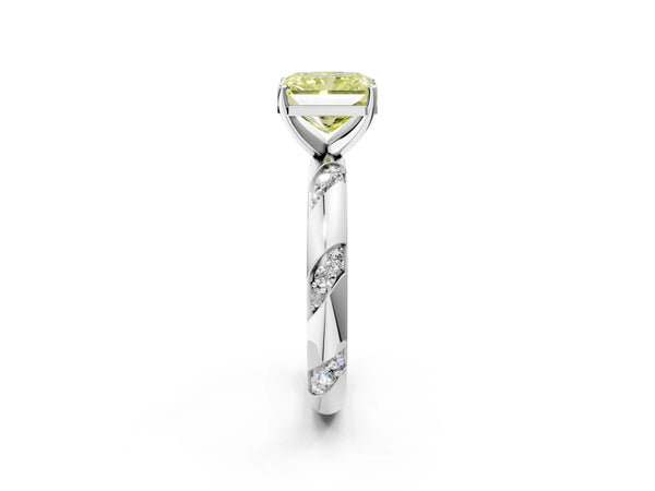 White gold Fancy Yellow Radiant Cut Solitaire Diamond Engagement Ring with Twisted Pave Band and Four-Prong Setting