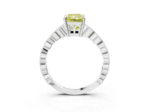 White gold Fancy Yellow Radiant Cut Solitaire Diamond Ring with Infinity Twist Band and Four-Prong Setting