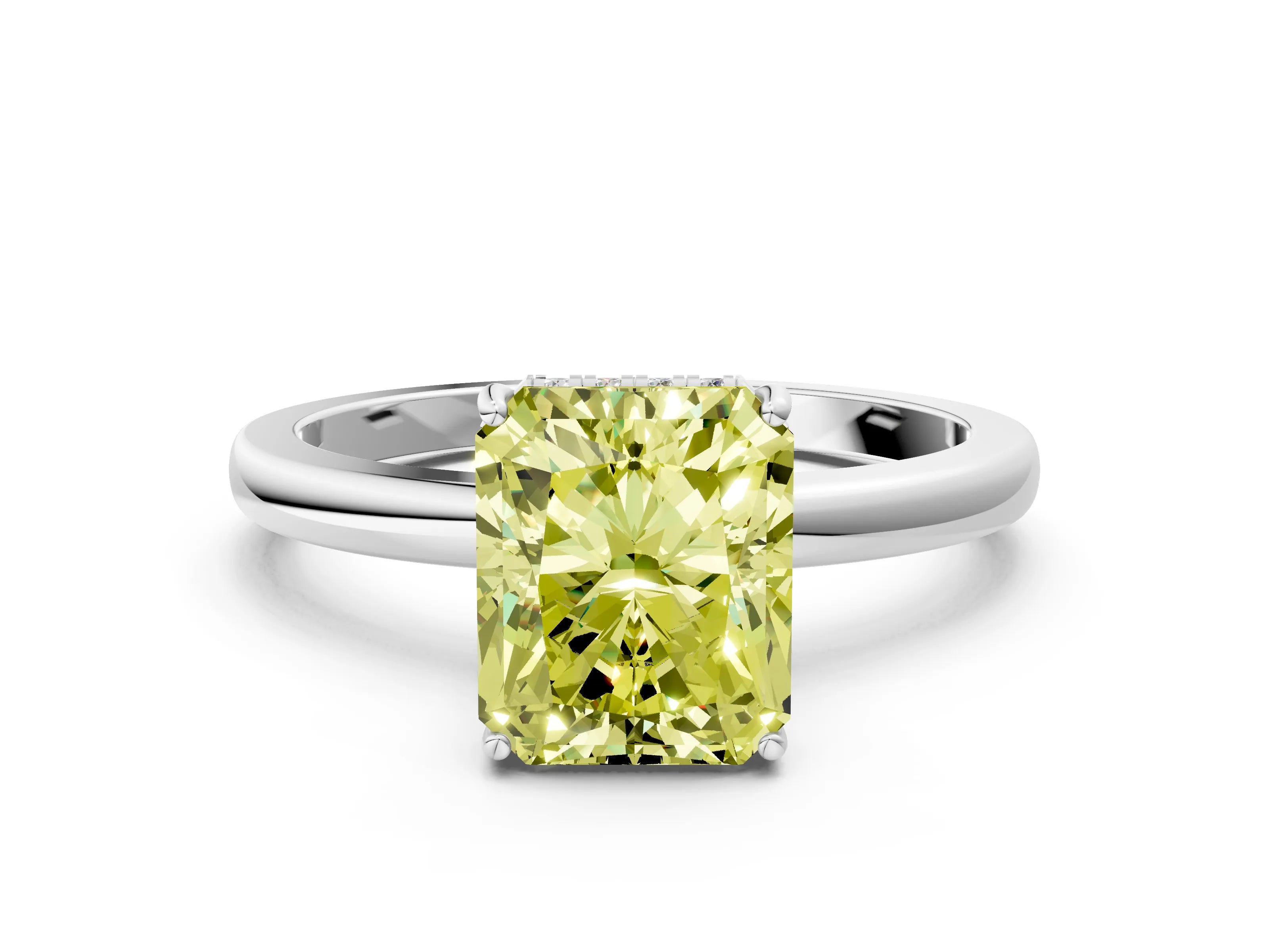 White gold Fancy Yellow Radiant Cut Solitaire Diamond Ring with Prong Setting and Plain Band_12