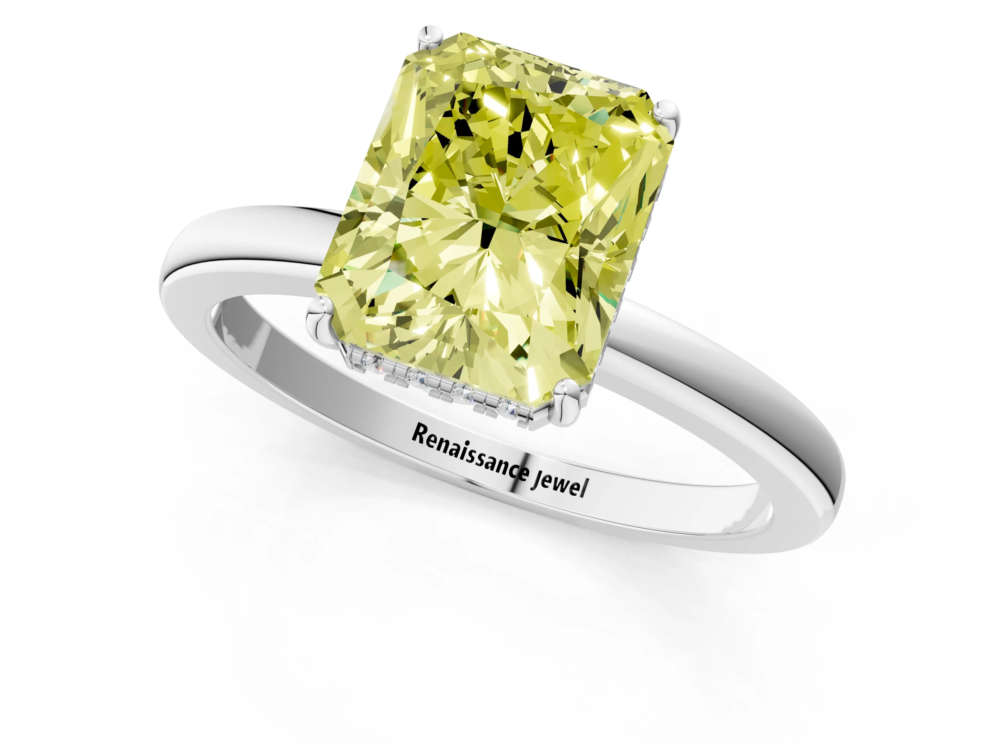 White gold Fancy Yellow Radiant Cut Solitaire Diamond Ring with Prong Setting and Plain Band_13