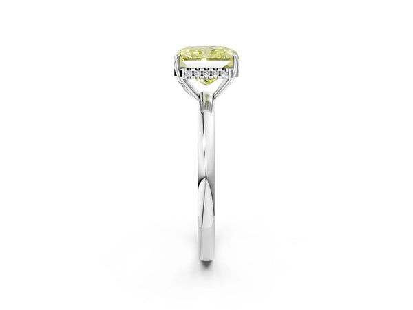 Platinum Fancy Yellow Radiant Cut Solitaire Diamond Ring with Prong Setting and Plain Band