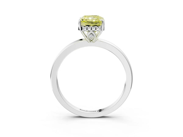Platinum Fancy Yellow Radiant Cut Solitaire Diamond Ring with Prong Setting and Plain Band