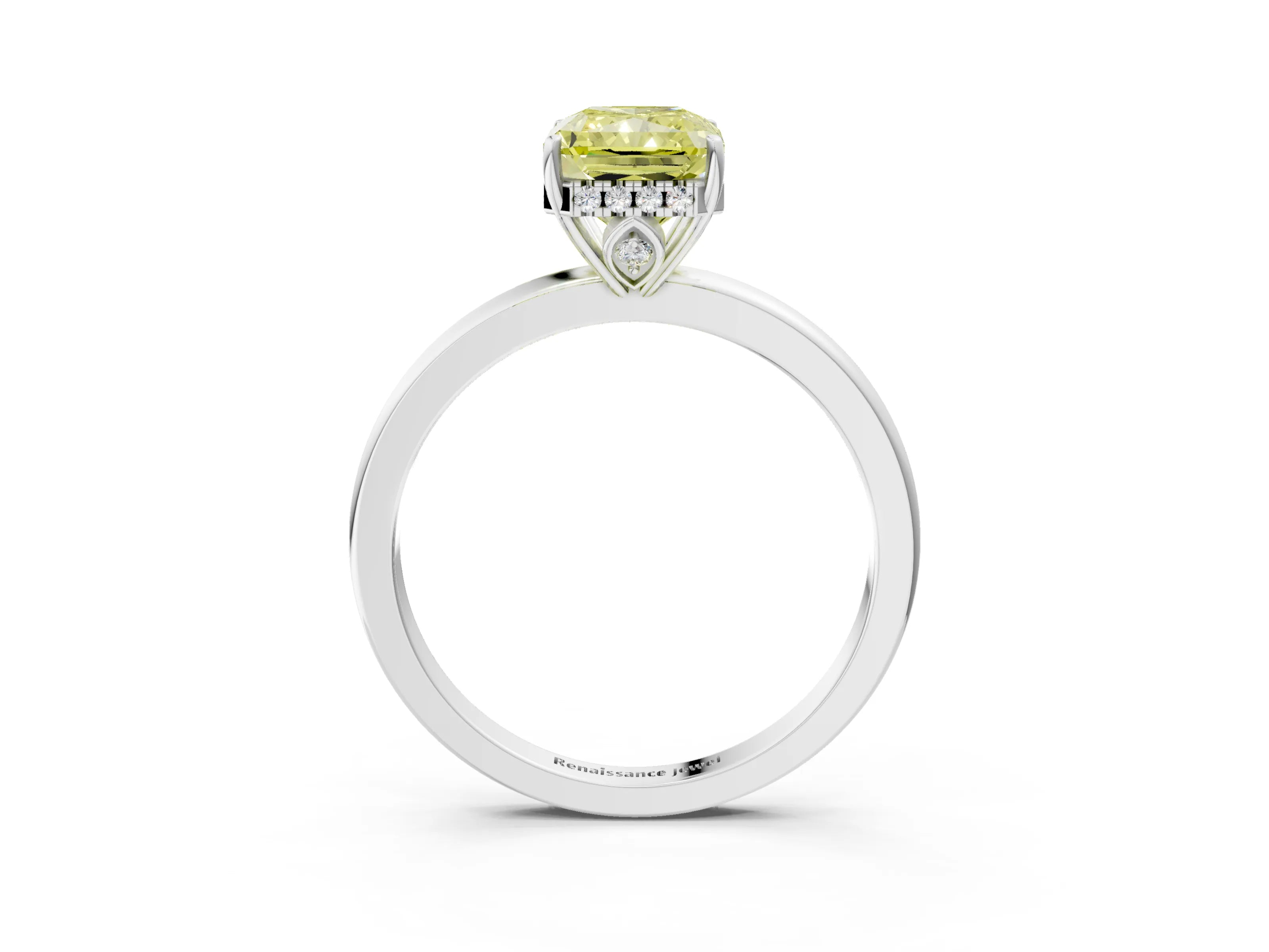 White gold Fancy Yellow Radiant Cut Solitaire Diamond Ring with Prong Setting and Plain Band_15