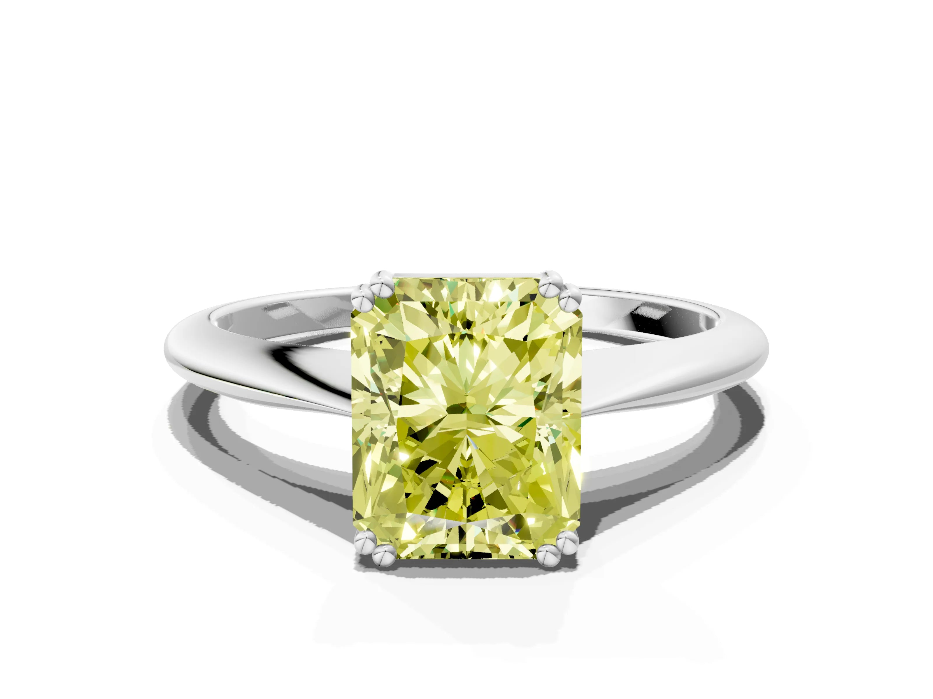 White gold Fancy Yellow Radiant Cut Solitaire Diamond Ring with Six-Prong Setting and Classic Band
