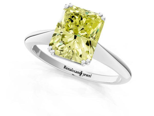 Platinum Fancy Yellow Radiant Cut Solitaire Diamond Ring with Six-Prong Setting and Classic Band