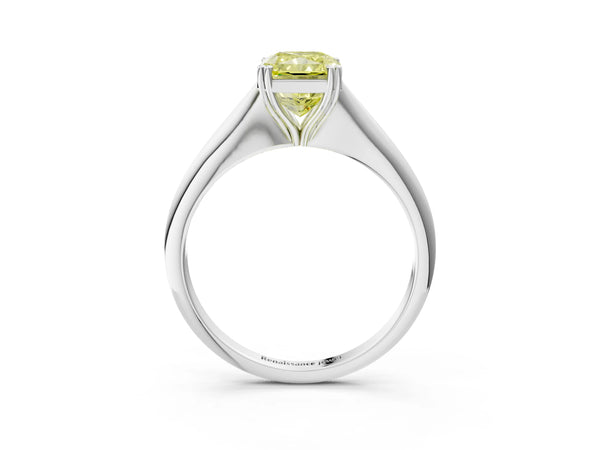 Platinum Fancy Yellow Radiant Cut Solitaire Diamond Ring with Six-Prong Setting and Classic Band