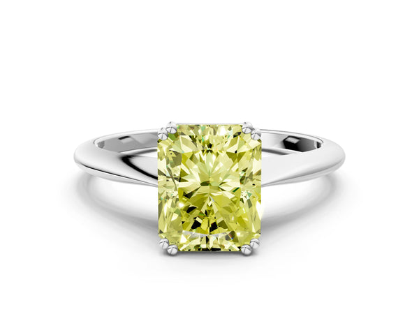 Platinum Fancy Yellow Radiant Cut Solitaire Diamond Ring with Six-Prong Setting and Classic Band