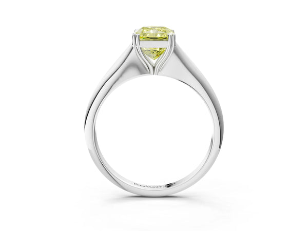 Platinum Fancy Yellow Radiant Cut Solitaire Diamond Ring with Six-Prong Setting and Classic Band