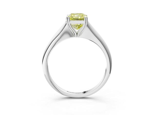 Platinum Fancy Yellow Radiant Cut Solitaire Diamond Ring with Six-Prong Setting and Classic Band