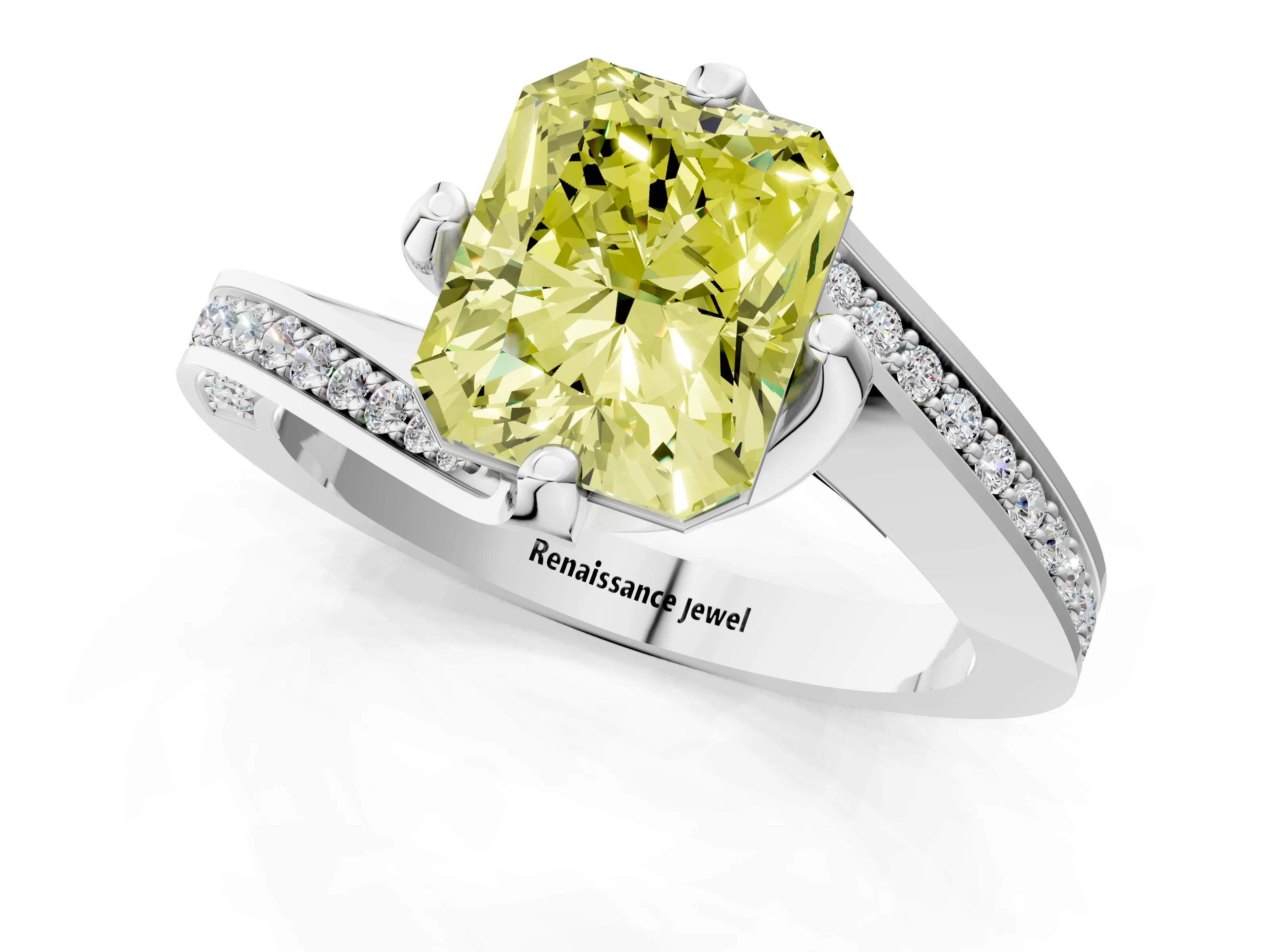 White gold Fancy Yellow Radiant Cut Solitaire Diamond Twist Band with Pavé Setting and Four-Prong Setting_1