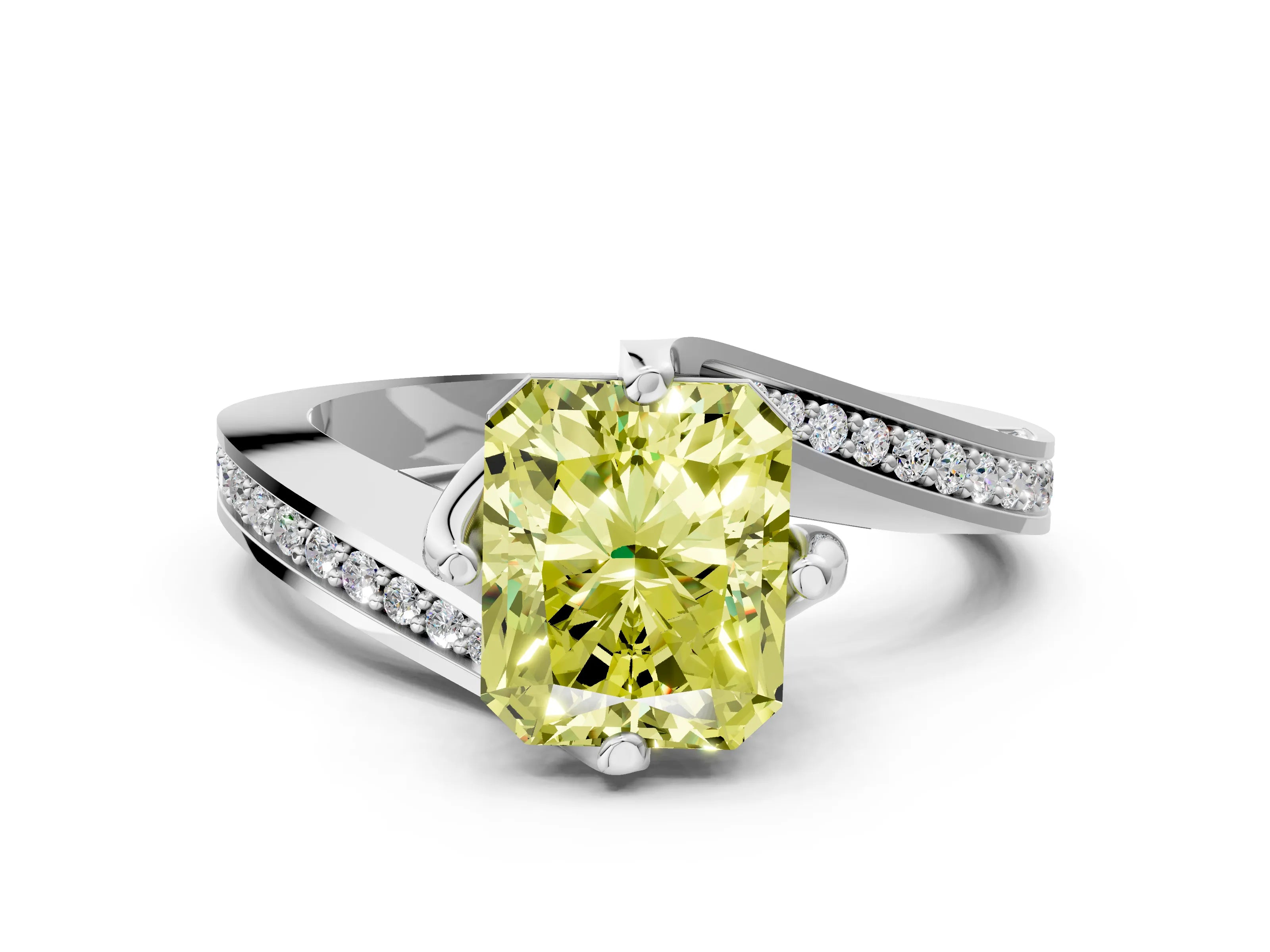 White gold Fancy Yellow Radiant Cut Solitaire Diamond Twist Band with Pavé Setting and Four-Prong Setting_12