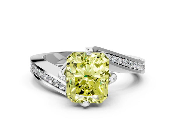 White gold Fancy Yellow Radiant Cut Solitaire Diamond Twist Band with Pavé Setting and Four-Prong Setting