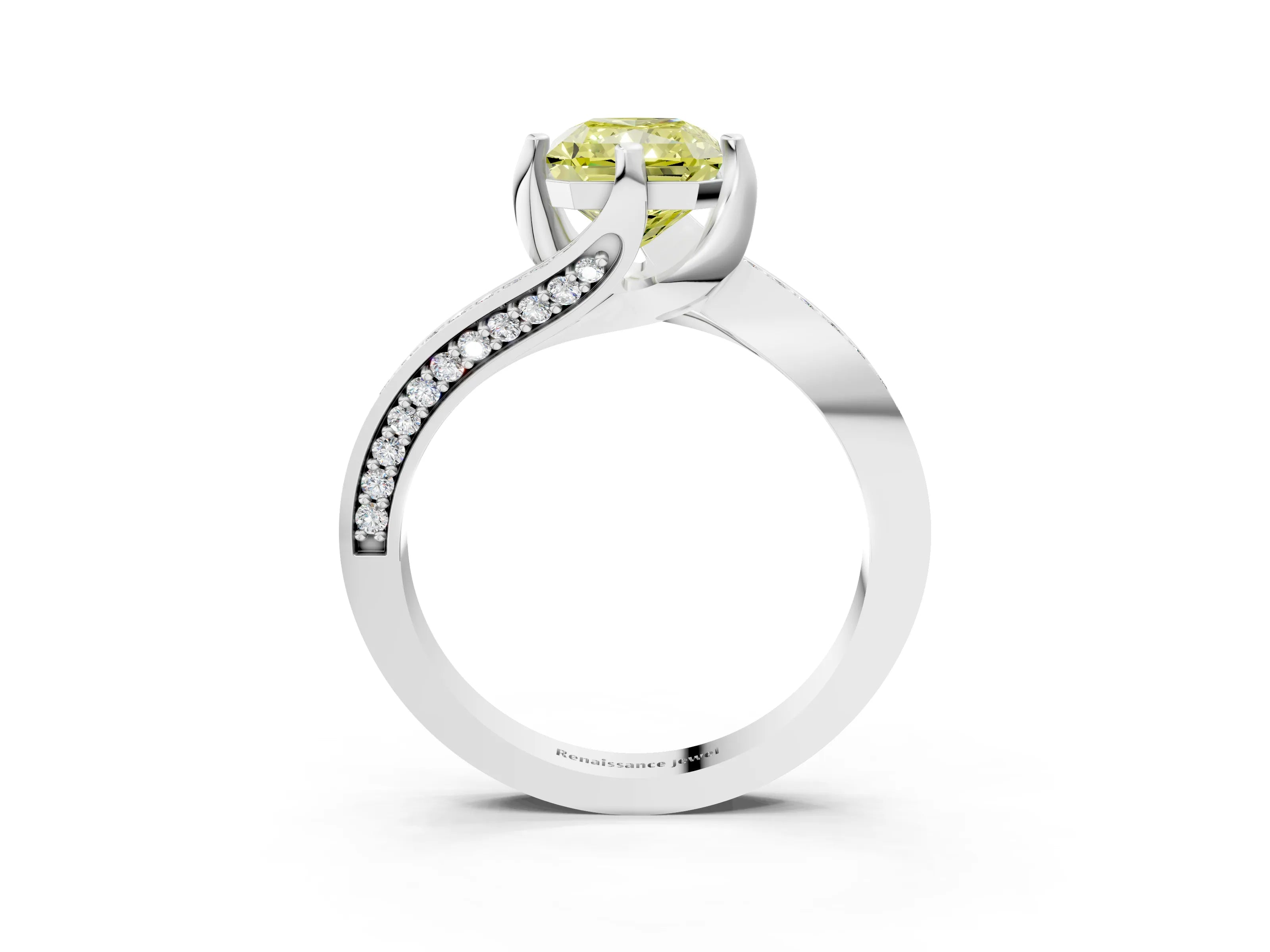 White gold Fancy Yellow Radiant Cut Solitaire Diamond Twist Band with Pavé Setting and Four-Prong Setting_15