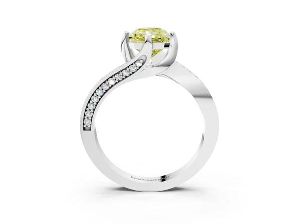 White gold Fancy Yellow Radiant Cut Solitaire Diamond Twist Band with Pavé Setting and Four-Prong Setting