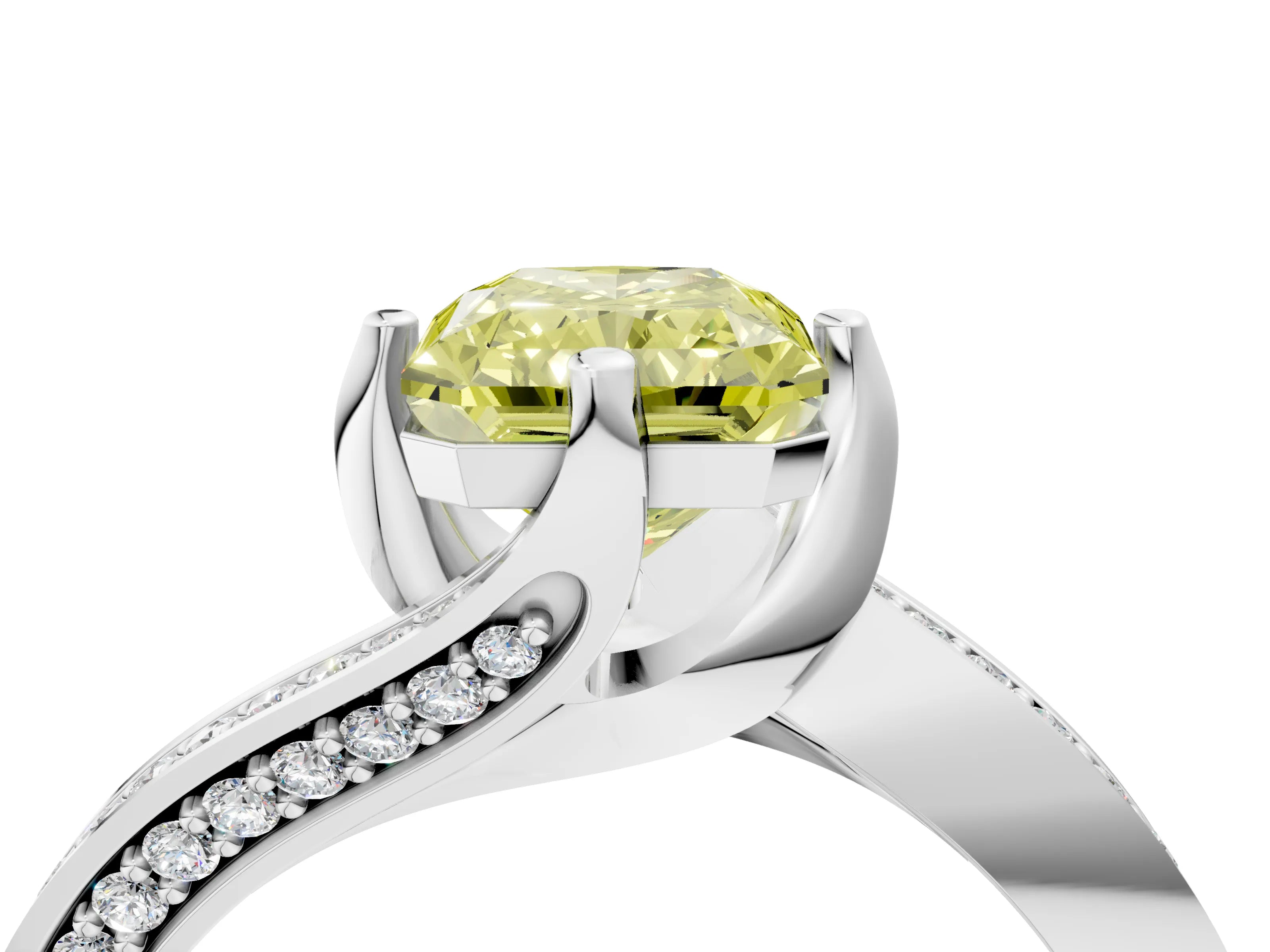 White gold Fancy Yellow Radiant Cut Solitaire Diamond Twist Band with Pavé Setting and Four-Prong Setting_16