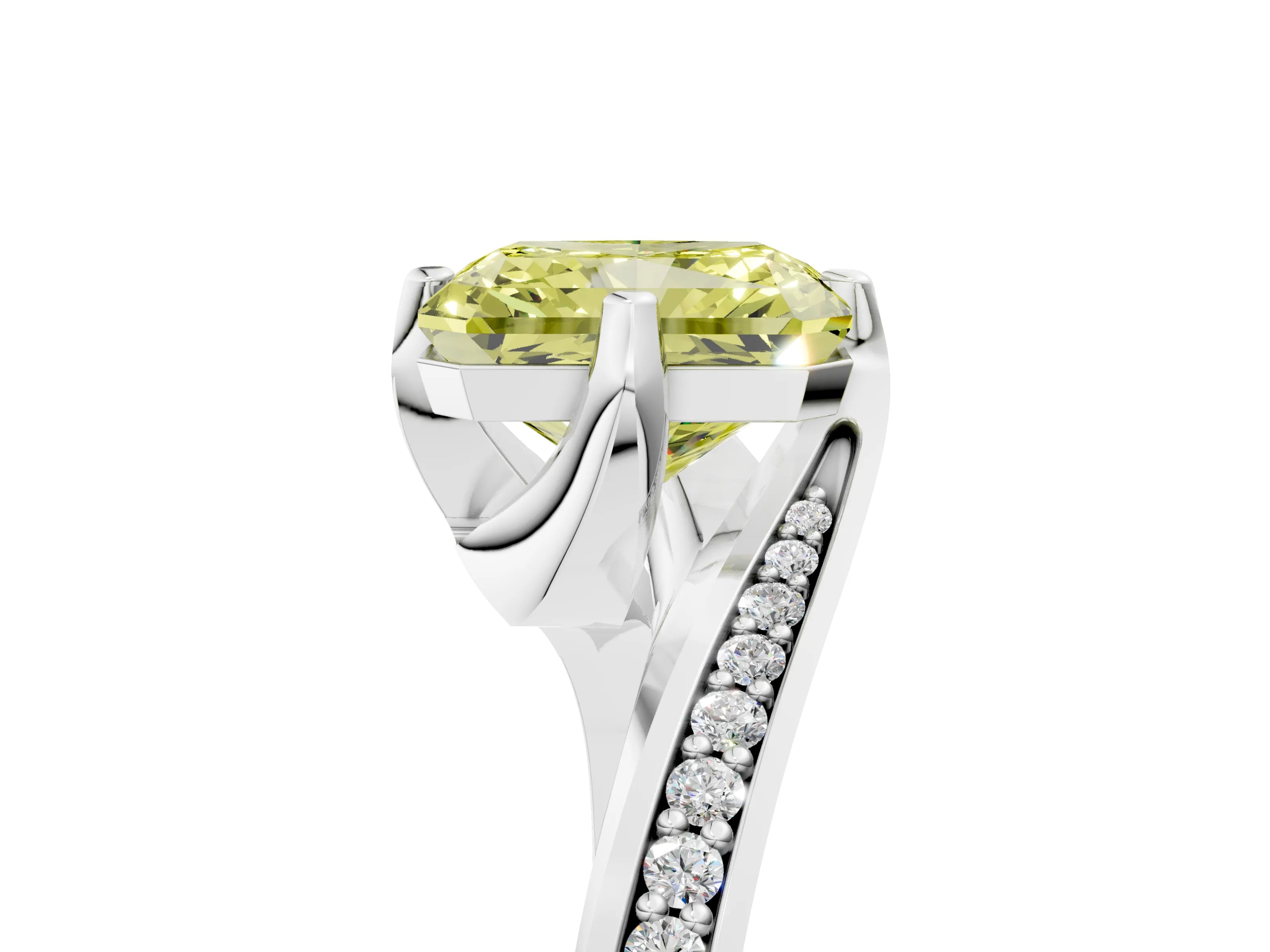 White gold Fancy Yellow Radiant Cut Solitaire Diamond Twist Band with Pavé Setting and Four-Prong Setting_17