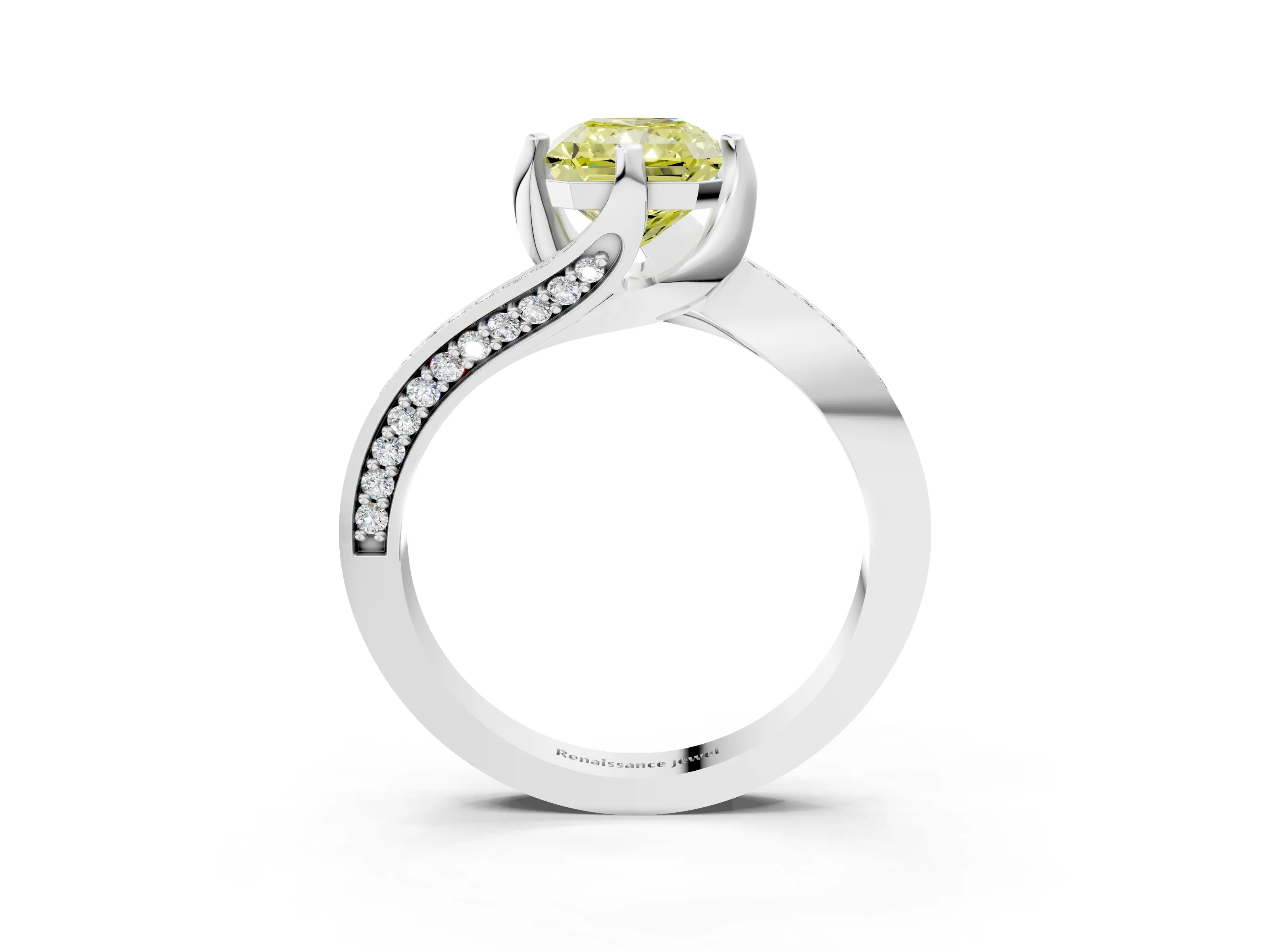 White gold Fancy Yellow Radiant Cut Solitaire Diamond Twist Band with Pavé Setting and Four-Prong Setting_3