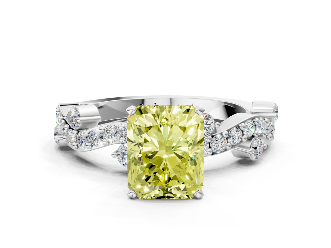 White gold Fancy Yellow Radiant  Cut Solitaire Diamond Twisted Band with Pave Setting_45