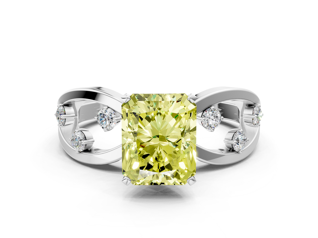 White gold Fancy Yellow Radiant  Cut Solitaire Diamond with Side Stones on Criss-Cross Band and Four-Prong Setting_3