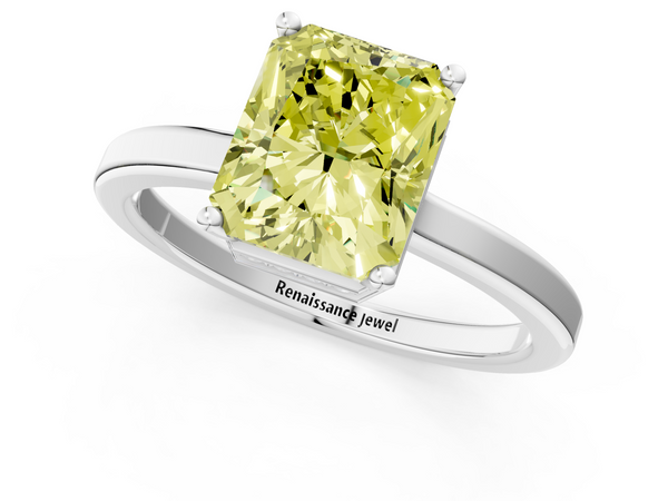 Platinum Fancy Yellow Radiant  Cut Solitaire Engagement Ring with Four-Prong Setting on a Classic Band