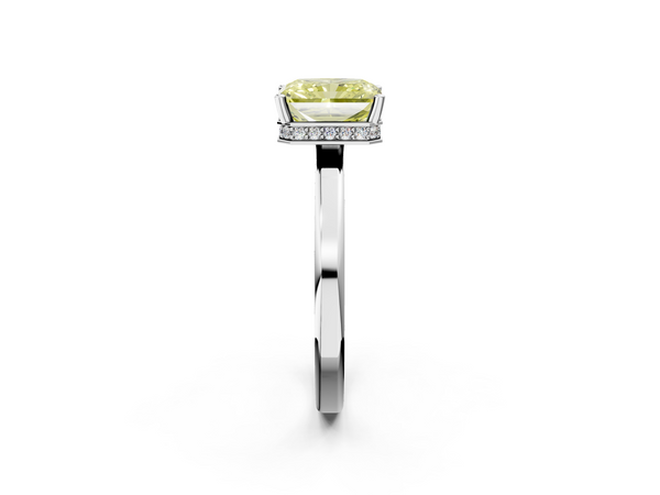 Platinum Fancy Yellow Radiant  Cut Solitaire Engagement Ring with Four-Prong Setting on a Classic Band