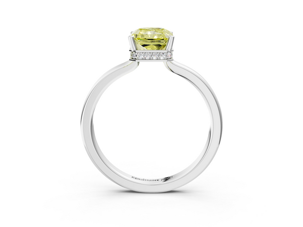 Platinum Fancy Yellow Radiant  Cut Solitaire Engagement Ring with Four-Prong Setting on a Classic Band