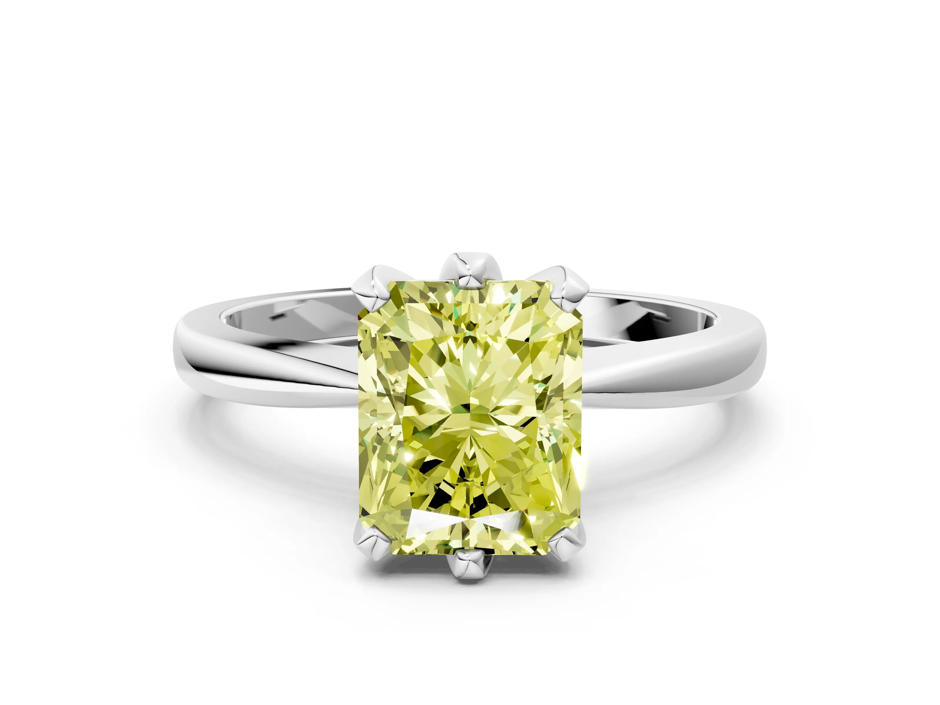 White gold Fancy Yellow Radiant Cut Solitaire Engagement Ring with Six-Prong Setting and Tapered Band