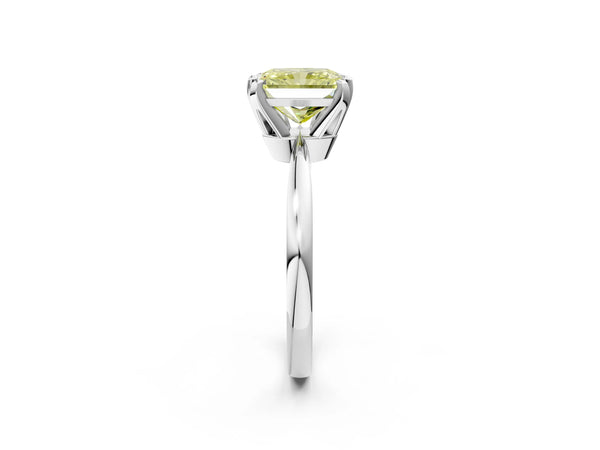 Platinum Fancy Yellow Radiant Cut Solitaire Engagement Ring with Six-Prong Setting and Tapered Band