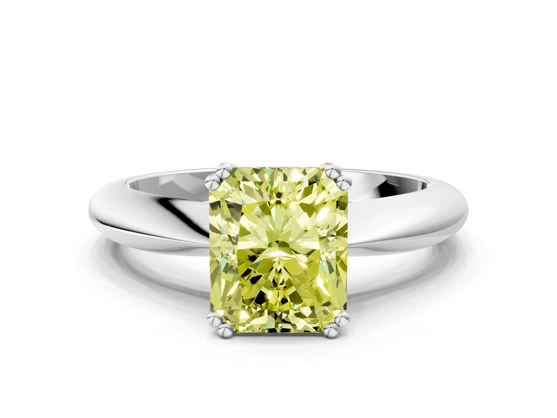 White gold Fancy Yellow Radiant  Cut Solitaire Engagement Ring with Tapered Band and Four-Prong Setting