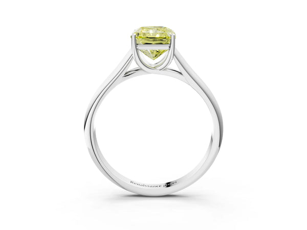 Platinum Fancy Yellow Radiant Cut Solitaire Engagement Ring with Tapered Band and Four-Prong Setting