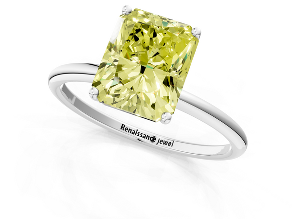 White gold Fancy Yellow Radiant  Cut Solitaire Engagement Ring with Thin Band and Four-Prong Setting