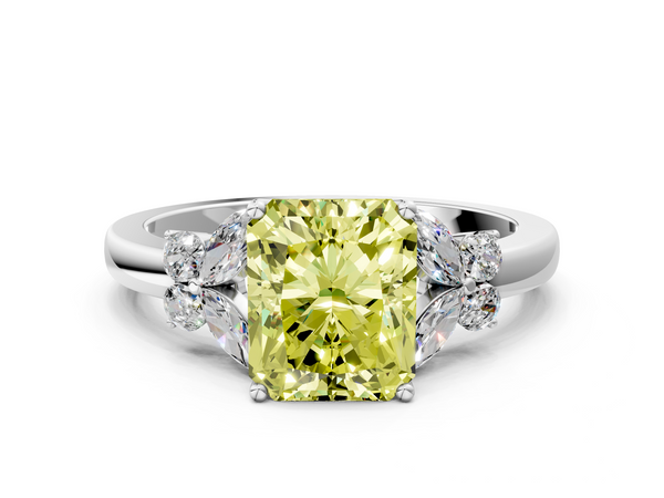 White gold Fancy Yellow Radiant  Cut Solitaire Floral Diamond Ring with Four-Prong Setting