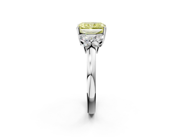 White gold Fancy Yellow Radiant  Cut Solitaire Floral Diamond Ring with Four-Prong Setting