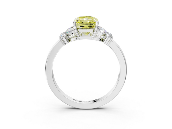 White gold Fancy Yellow Radiant  Cut Solitaire Floral Diamond Ring with Four-Prong Setting