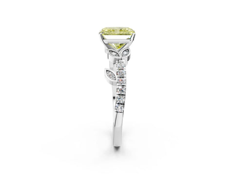 White gold Fancy Yellow Radiant Cut Solitaire Leaf-Inspired Diamond Ring with Pavé Band and Four-Prong Setting_14