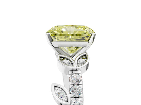 White gold Fancy Yellow Radiant Cut Solitaire Leaf-Inspired Diamond Ring with Pavé Band and Four-Prong Setting_17