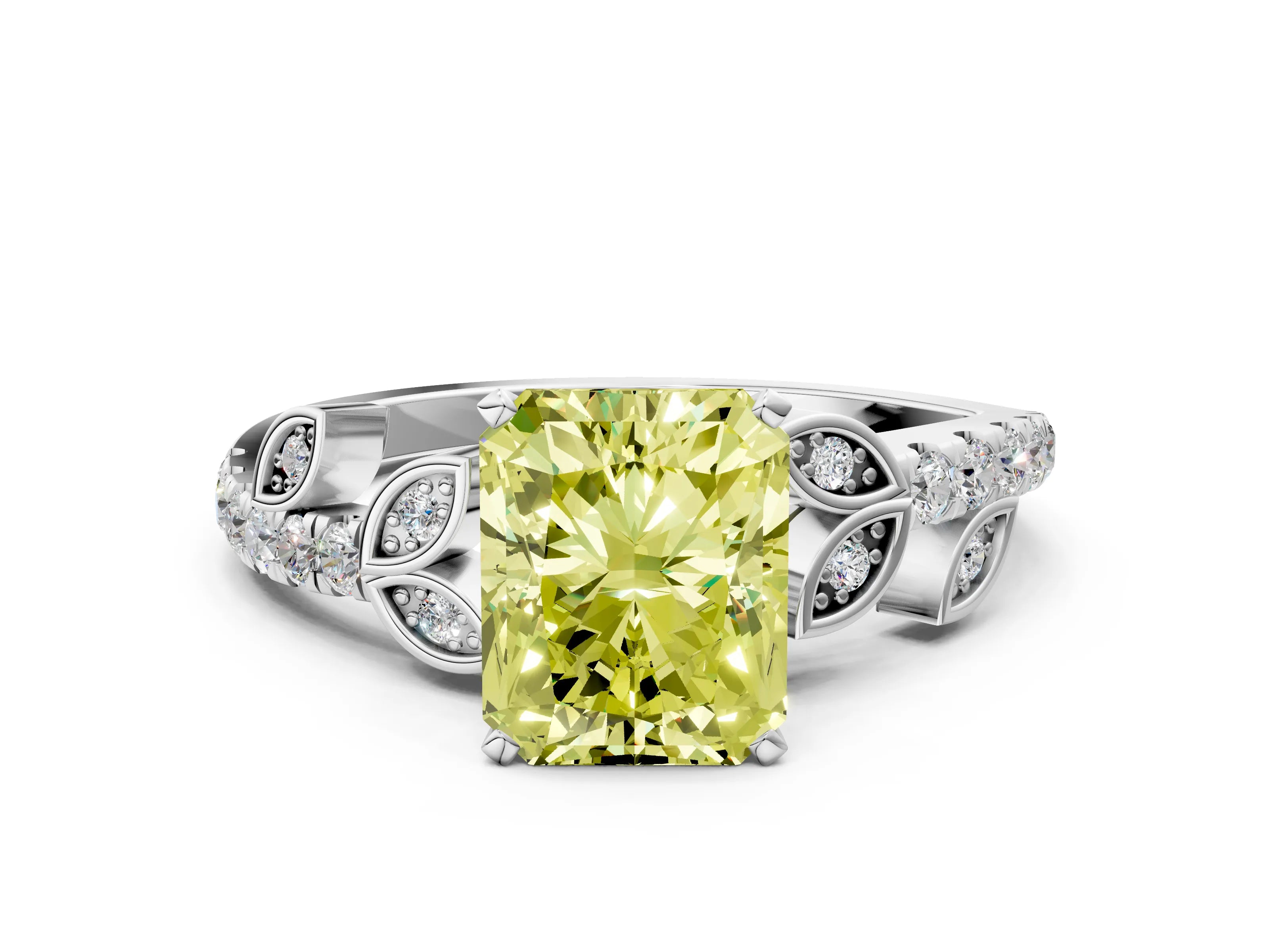 White gold Fancy Yellow Radiant Cut Solitaire Leaf-Inspired Diamond Ring with Pavé Band and Four-Prong Setting_24