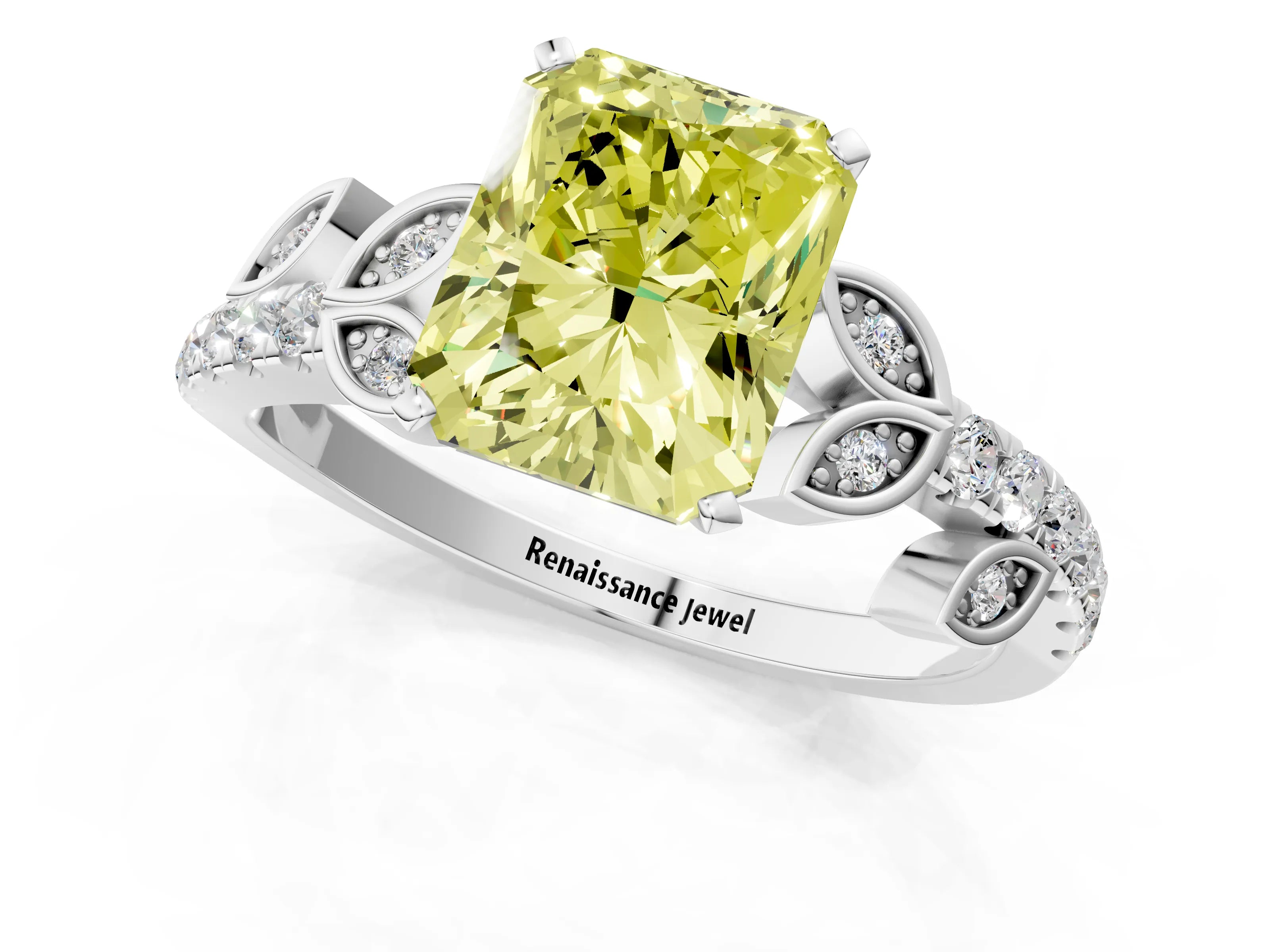 White gold Fancy Yellow Radiant Cut Solitaire Leaf-Inspired Diamond Ring with Pavé Band and Four-Prong Setting_25