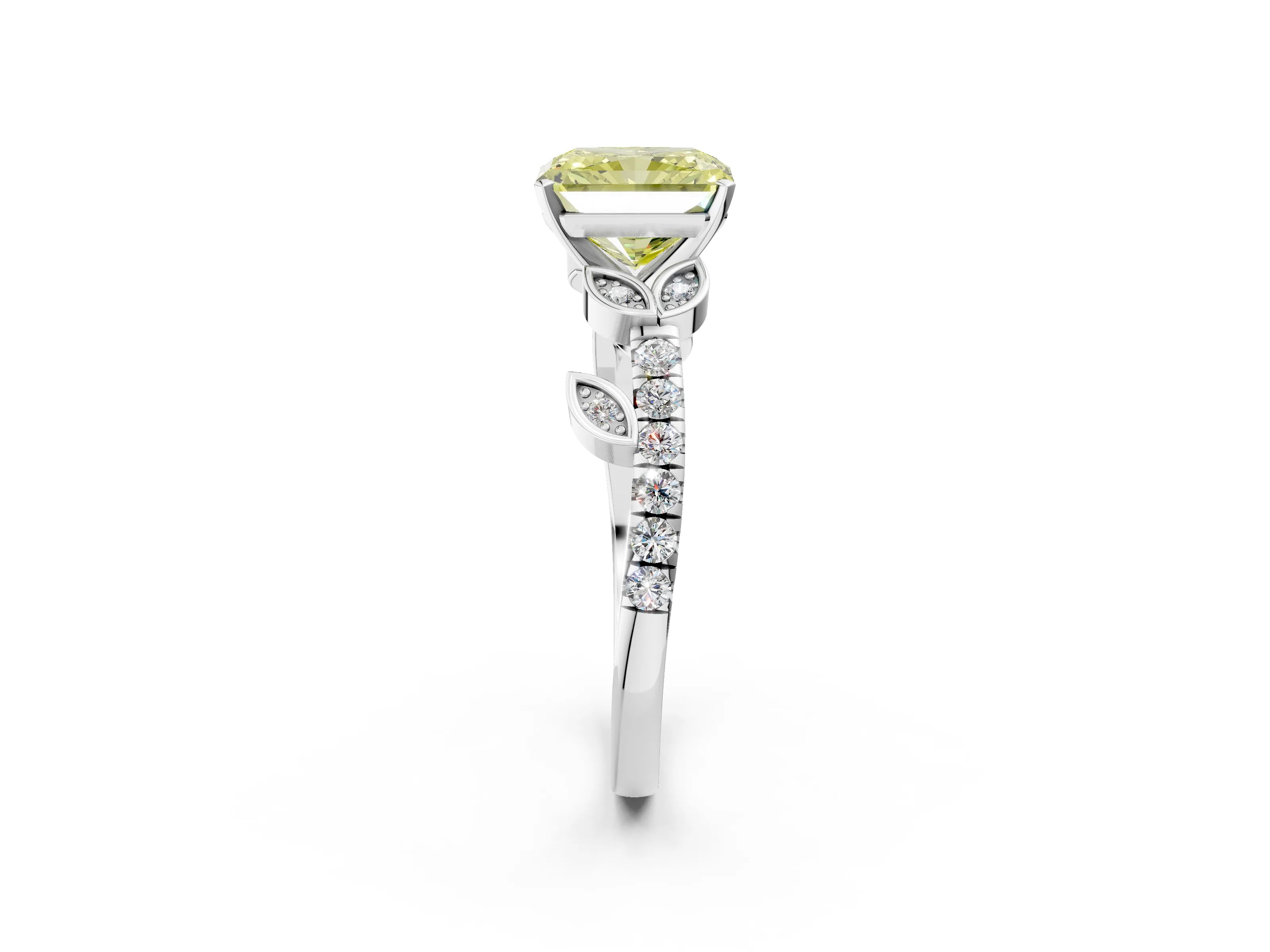 White gold Fancy Yellow Radiant Cut Solitaire Leaf-Inspired Diamond Ring with Pavé Band and Four-Prong Setting_26