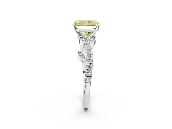 White gold Fancy Yellow Radiant Cut Solitaire Leaf-Inspired Diamond Ring with Pavé Band and Four-Prong Setting