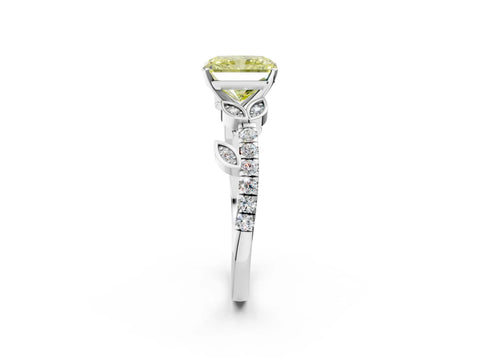 White gold Fancy Yellow Radiant Cut Solitaire Leaf-Inspired Diamond Ring with Pavé Band and Four-Prong Setting_26