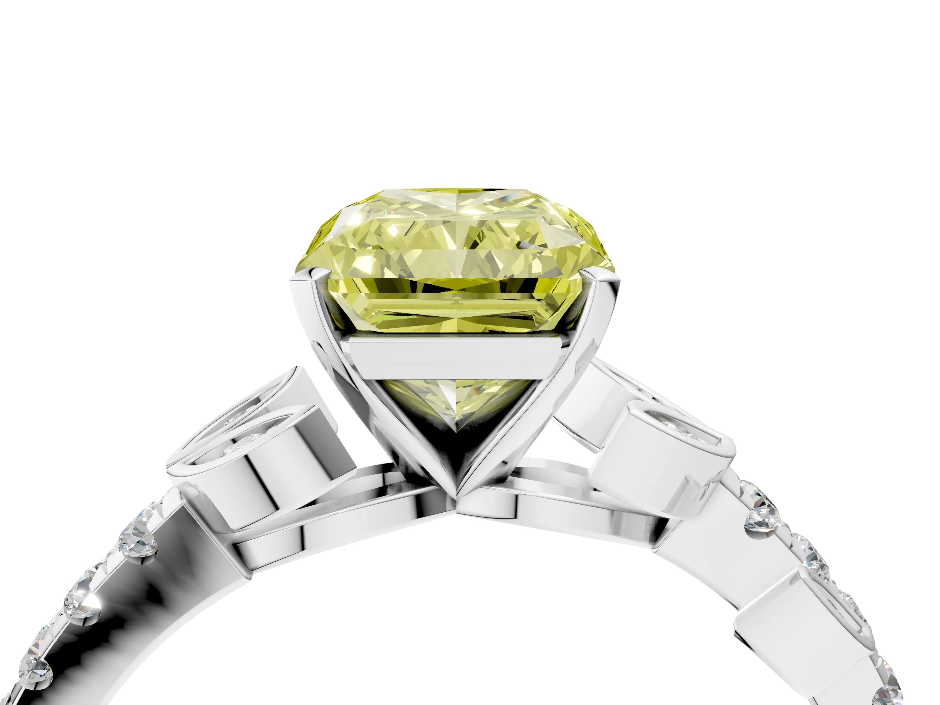 White gold Fancy Yellow Radiant Cut Solitaire Leaf-Inspired Diamond Ring with Pavé Band and Four-Prong Setting_28