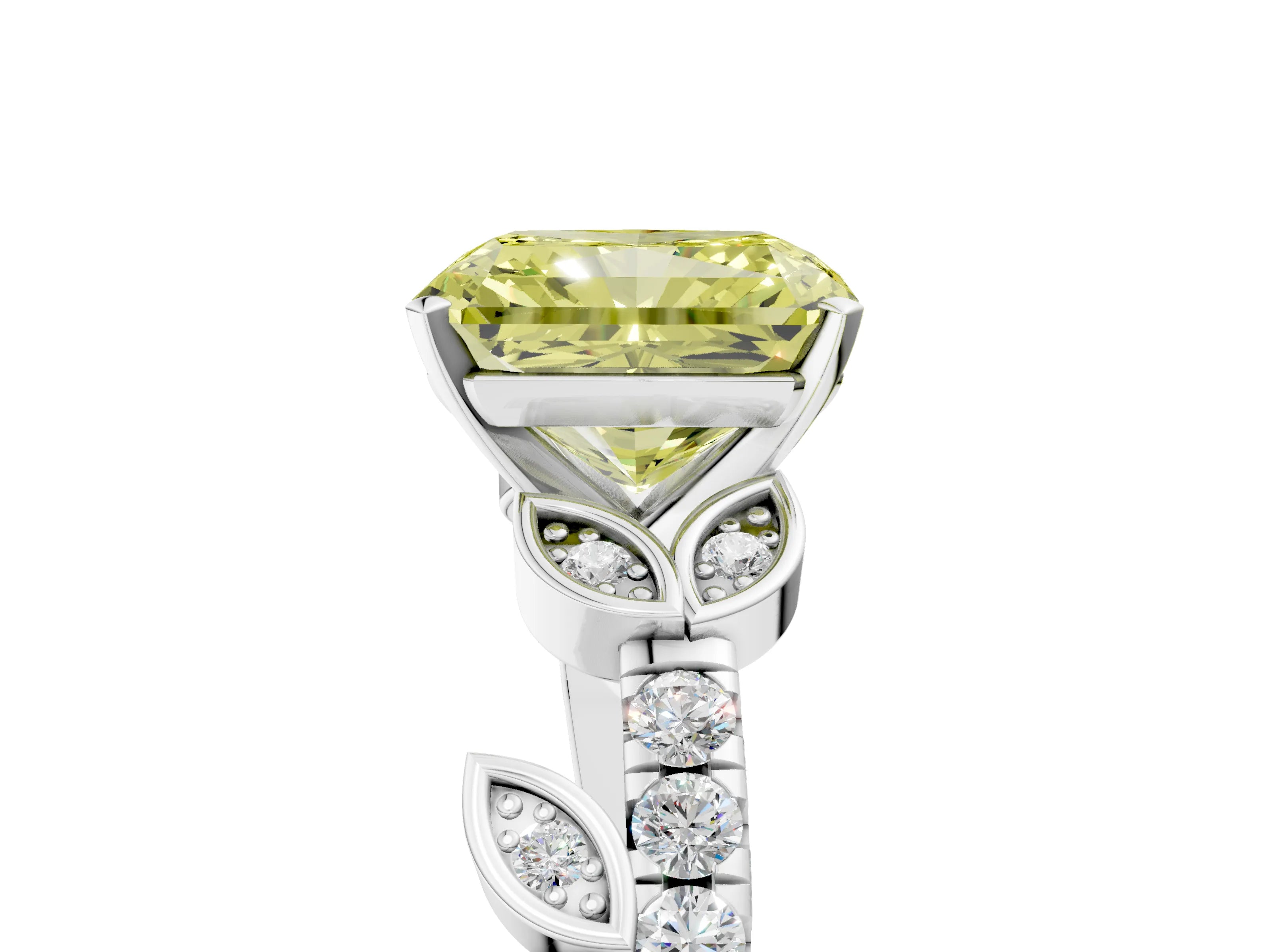 White gold Fancy Yellow Radiant Cut Solitaire Leaf-Inspired Diamond Ring with Pavé Band and Four-Prong Setting_29