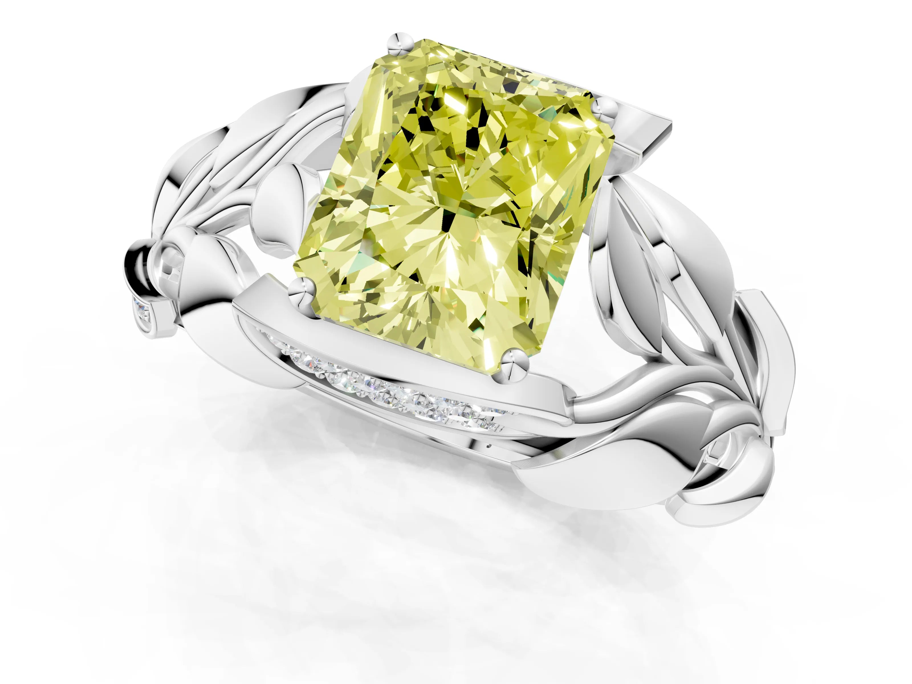White gold Fancy Yellow Radiant Cut Solitaire Leaf-Inspired Engagement Ring with Prong Setting_1