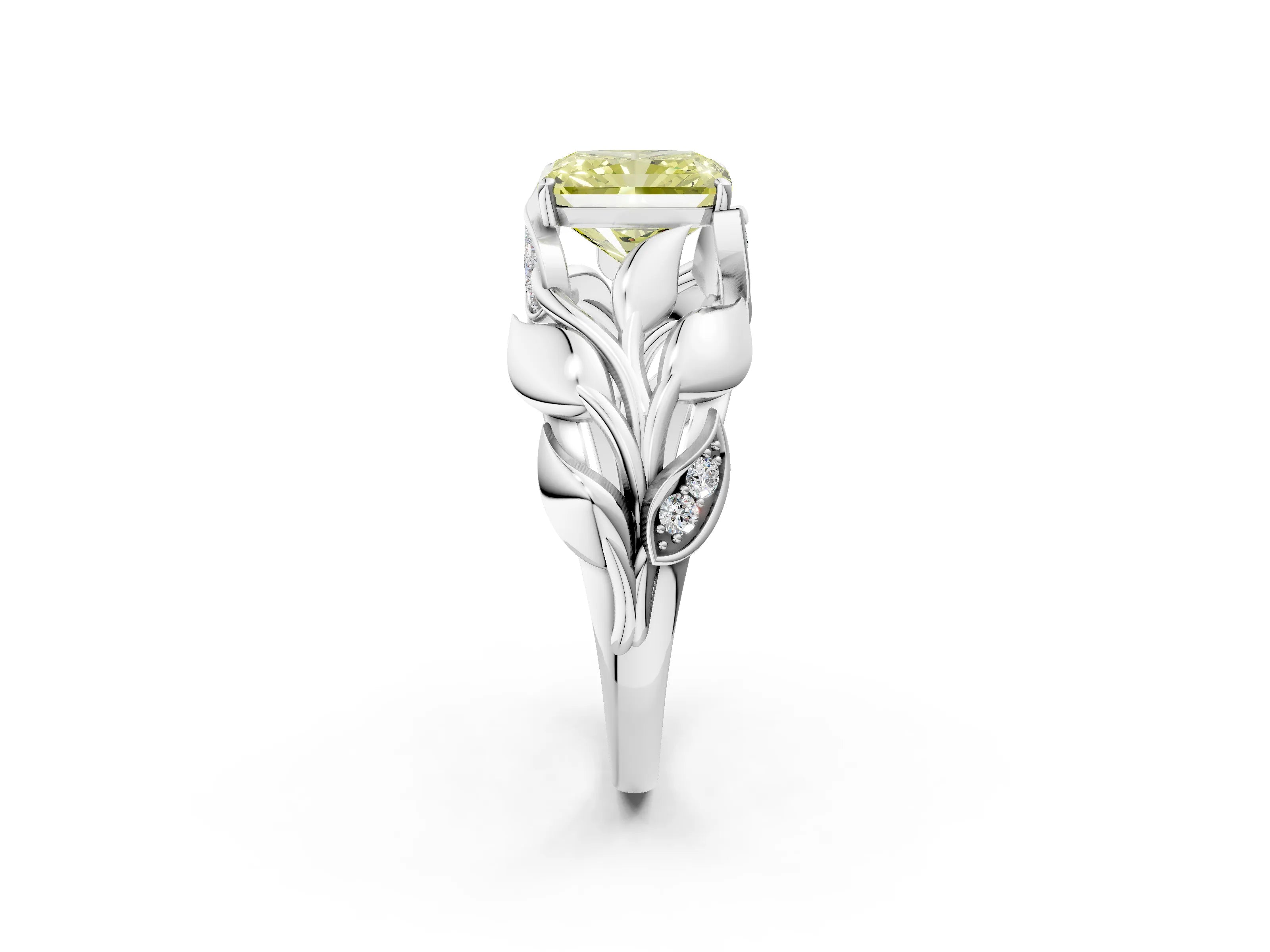 White gold Fancy Yellow Radiant Cut Solitaire Leaf-Inspired Engagement Ring with Prong Setting_2