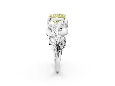 White gold Fancy Yellow Radiant Cut Solitaire Leaf-Inspired Engagement Ring with Prong Setting_2