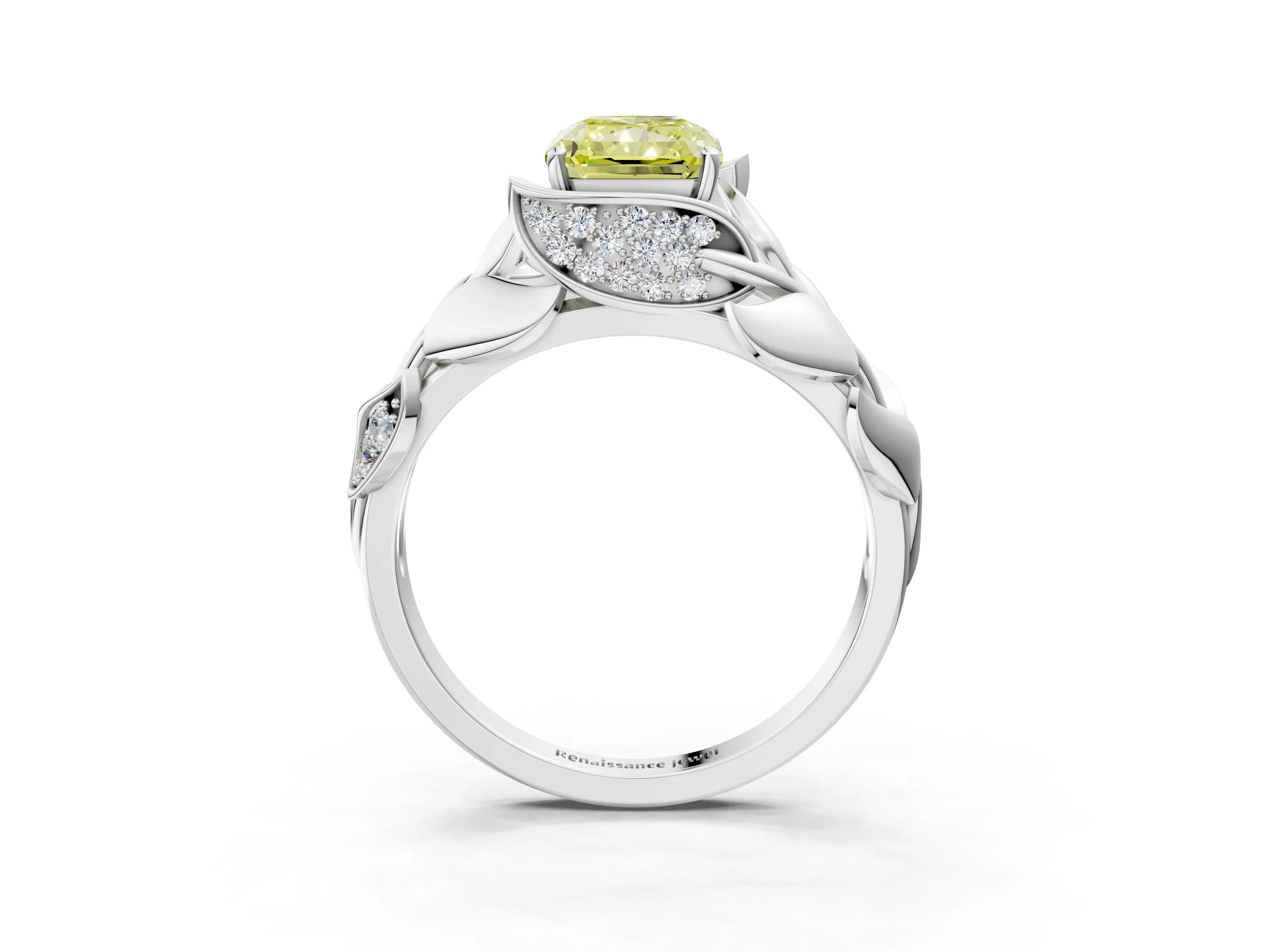White gold Fancy Yellow Radiant Cut Solitaire Leaf-Inspired Engagement Ring with Prong Setting_3