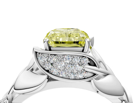 White gold Fancy Yellow Radiant Cut Solitaire Leaf-Inspired Engagement Ring with Prong Setting_4