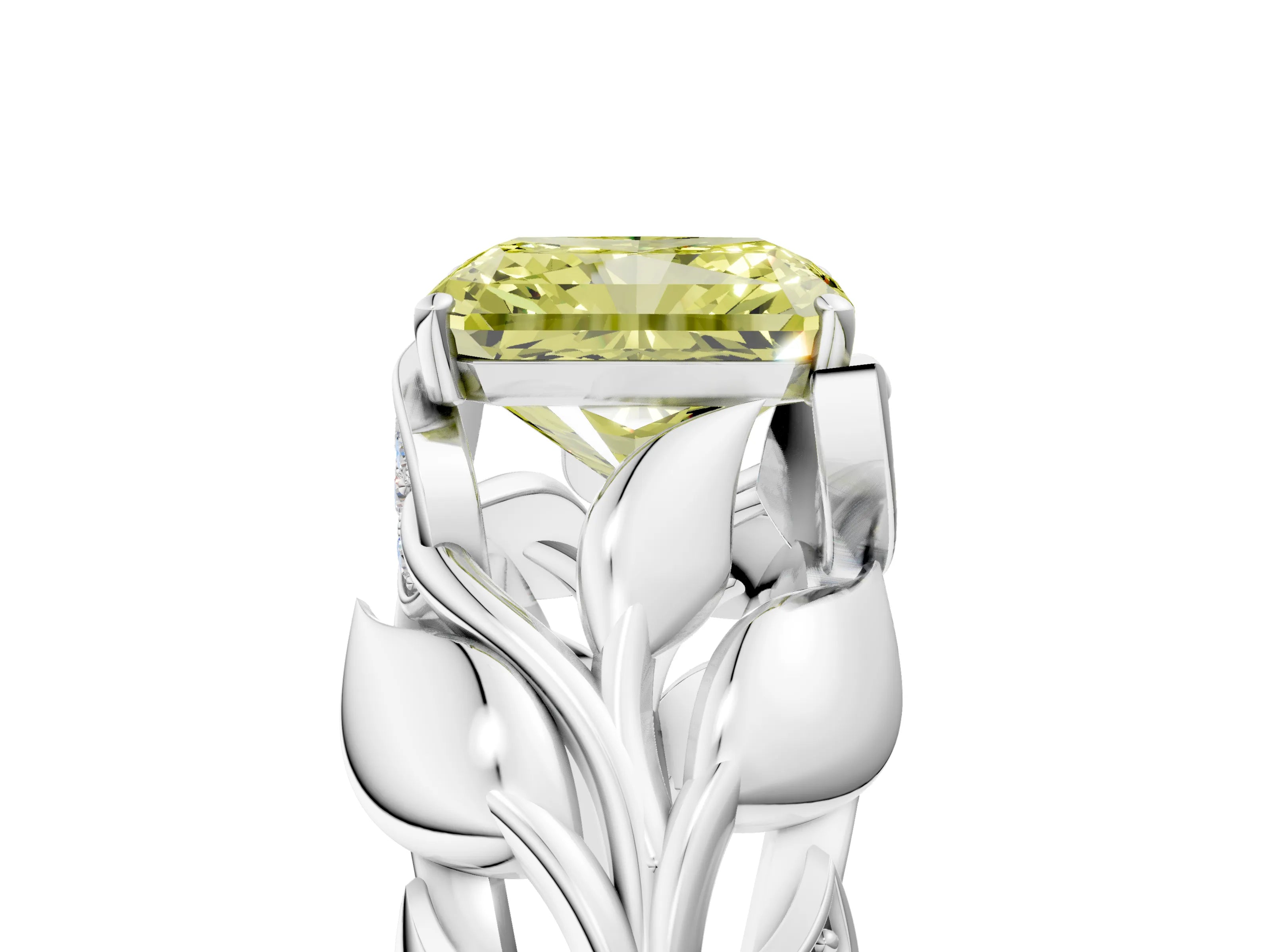 White gold Fancy Yellow Radiant Cut Solitaire Leaf-Inspired Engagement Ring with Prong Setting_5