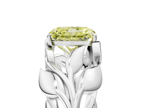 White gold Fancy Yellow Radiant Cut Solitaire Leaf-Inspired Engagement Ring with Prong Setting_5